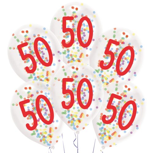 Happy Birthday 50 Droplets konfettivel töltött léggömb, lufi 6 db-os 11 inch (27,5 cm)