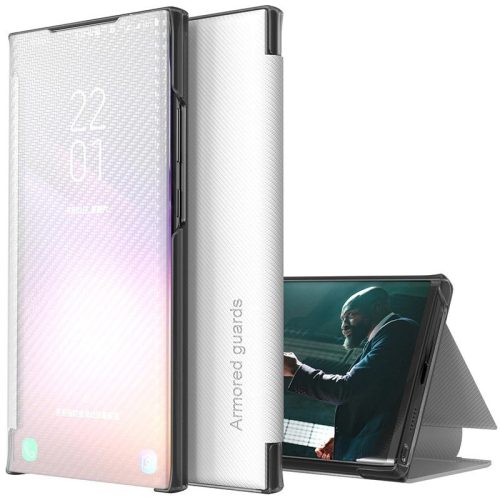 Huawei Honor 30, Oldalra nyíló tok, stand, hívás mutatóval, kevlár minta, Wooze Smart View Cover Carbon, fehér