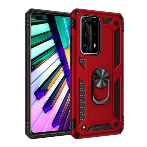 Motorola One Vision / P50, Műanyag hátlap védőtok, közepesen ütésálló, szilikon belső, telefontartó gyűrű, Defender, piros