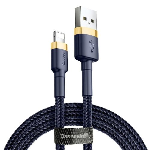 USB töltő- és adatkábel, Lightning, 100 cm, 2400 mA, törésgátlóval, gyorstöltés, cipőfűző minta, Baseus Cafule, CALKLF-BV3, sötétkék/arany