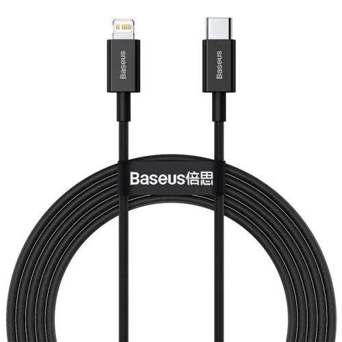 USB Type-C töltő- és adatkábel, Lightning, 200 cm, 20W, törésgátlóval, gyorstöltés, PD, Baseus Superior, CATLYS-C01, fekete