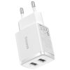 Hálózati töltő adapter, 10.5W, 2 x USB aljzat, gyorstöltés, Baseus Compact, fehér