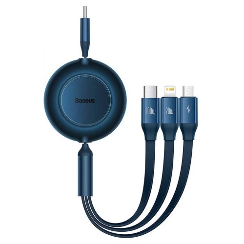 USB Type-C töltő- és adatkábel 3in1, USB Type-C, Lightning, microUSB, 110 cm, 100W, 3500 mA, gyorstöltés, lapos, feltekerhető, Baseus Bright Mirror 2, CAMJ010203, kék