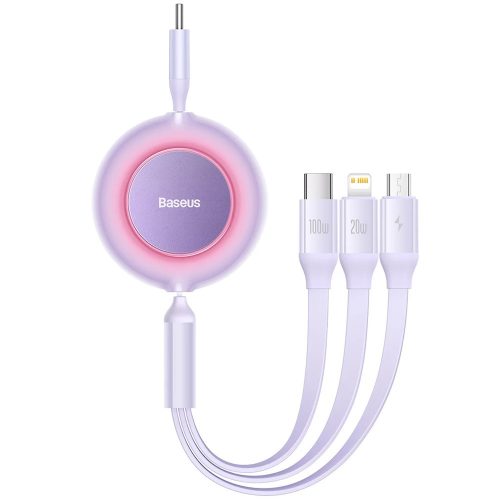 USB Type-C töltő- és adatkábel 3in1, USB Type-C, Lightning, microUSB, 110 cm, 100W, 3500 mA, gyorstöltés, lapos, feltekerhető, Baseus Bright Mirror 2, CAMJ010205, lila