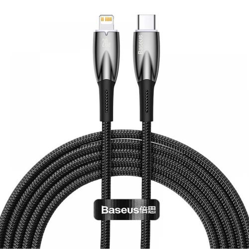 USB Type-C töltő- és adatkábel, Lightning, 200 cm, 2400mA, 20W, törésgátlóval, gyorstöltés, PD, Baseus Glimmer, CADH000101, fekete