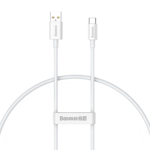 USB töltő- és adatkábel, USB Type-C, 25 cm, 6000mA, 100W, törésgátlóval, gyorstöltés, PD, QC, Baseus Superior, P10320102214-00, fehér