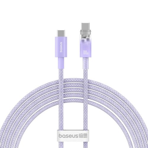 USB Type-C töltő- és adatkábel, USB Type-C, 200 cm, 6000 mA, 100W, gyorstöltés, PD, cipőfűző minta, Baseus Explorer, lila