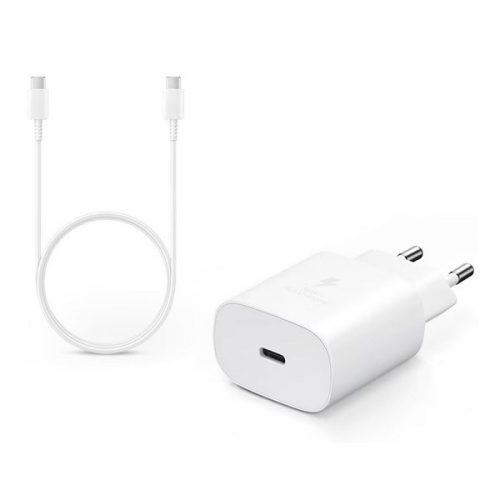 Hálózati töltő adapter, 25W, USB Type-C aljzat, USB Type-C - USB Type-C kábellel, PD 3.0, PDO / PPS, gyorstöltés, Samsung, fehér, gyári