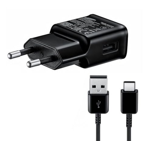 Hálózati töltő adapter, 5V / 2000mA, USB aljzat, USB Type-C kábellel, gyorstöltés, Samsung, fekete, gyári