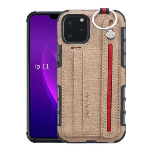 Apple iPhone 11 Pro Max, Szilikon tok, közepesen ütésálló, stand, textil hátlap, felakasztható, kézpánttal, világosbarna