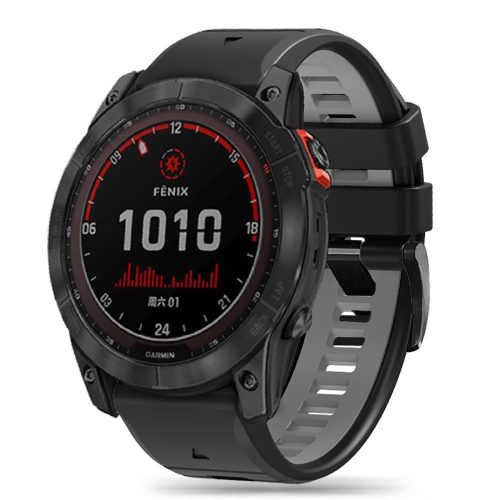 Garmin Fenix 5 / 6 / 6 Pro / 7, szilikon pótszíj, állítható, kétszínű, TP IconBand Pro, fekete/szürke