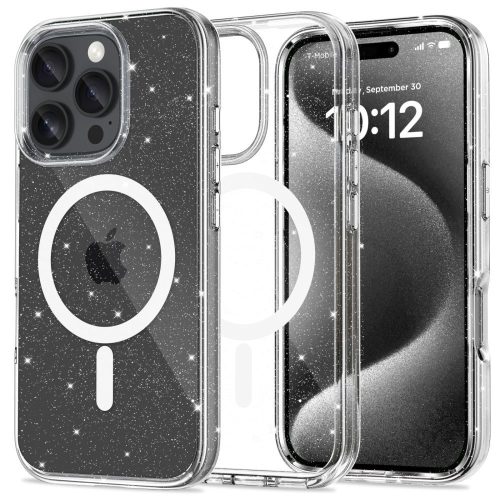 Apple iPhone 16 Pro, Műanyag hátlap védőtok + szilikon keret, Magsafe töltővel kompatibilis, csillogó hátlap, FlexAir Hybrid Magsafe Glitter, átlátszó