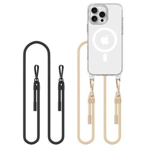 Apple iPhone 16 Pro, Szilikon védőkeret + műanyag hátlap, nyakbaakasztó, Magsafe töltővel kompatibilis, FlexAir Chain Magsafe, átlátszó (fekete, beige)