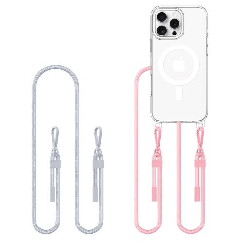 Apple iPhone 16 Pro Max, Szilikon védőkeret + műanyag hátlap, nyakbaakasztó, Magsafe töltővel kompatibilis, FlexAir Chain Magsafe, átlátszó (szürke, rózsaszín)